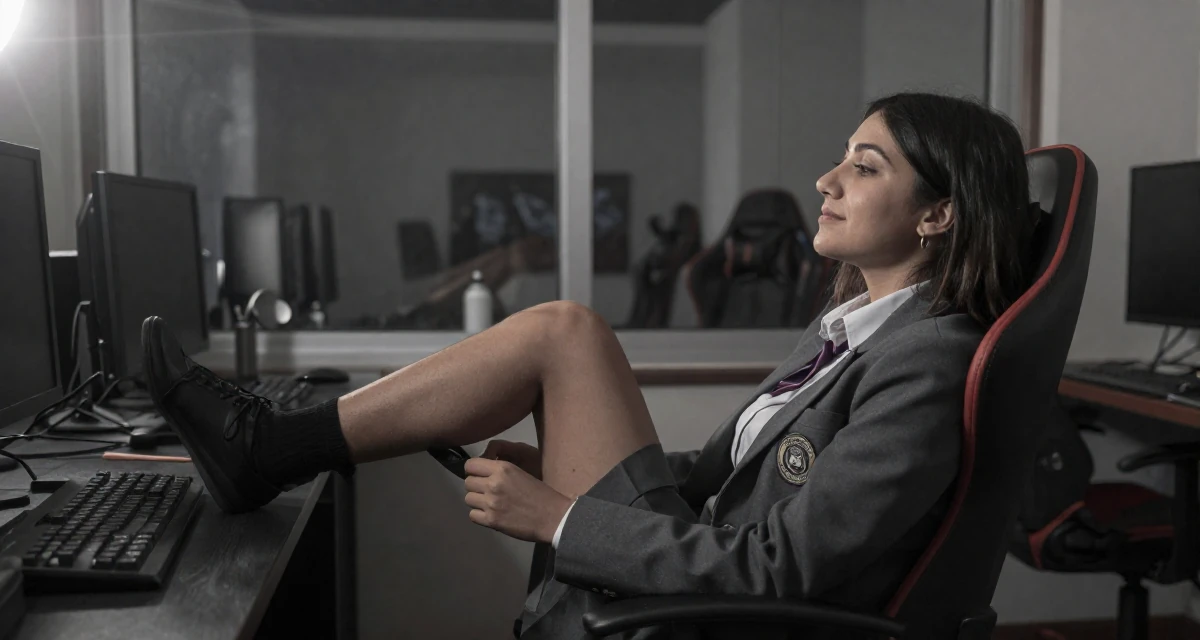 A harmonious Female Grew up in Nepal, majored in marketing analytics in their 24, exploring opportunities for self-expression,
wearing a school council president uniform with a blazer, pulling up a sock in a gaming room.