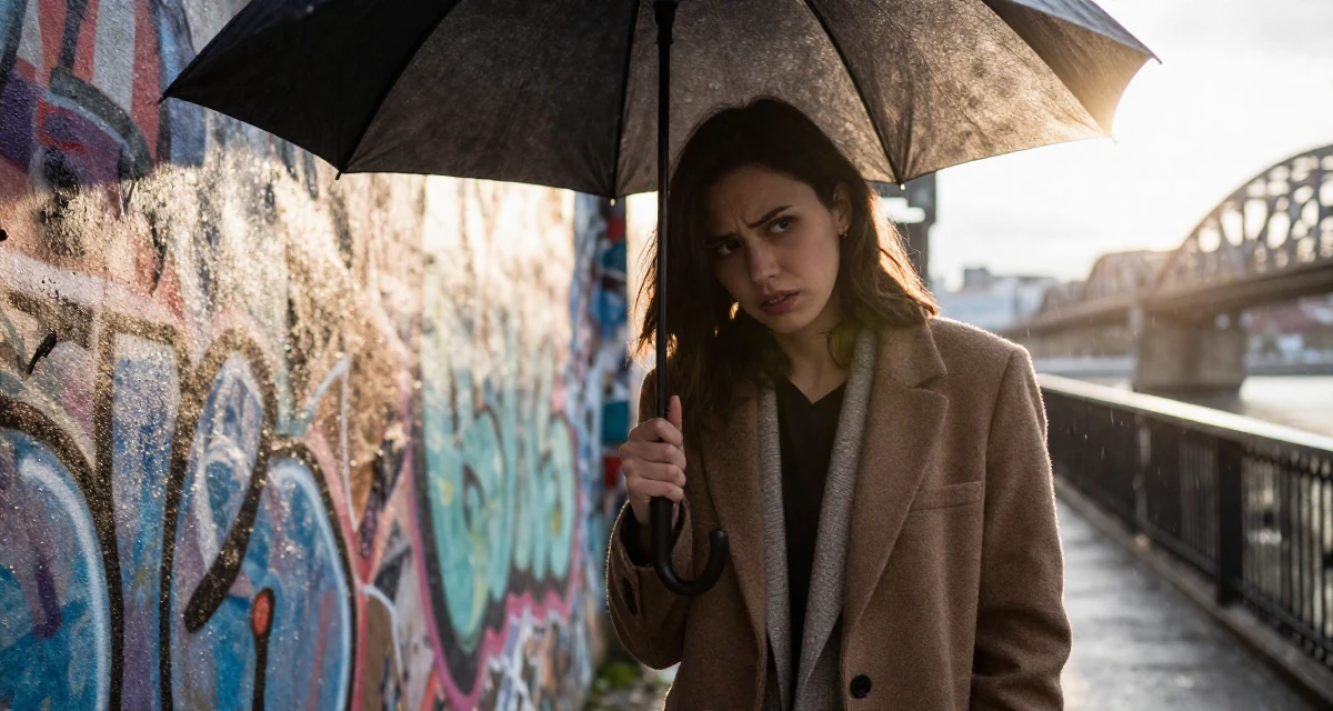 A sentimental Female Previously a travel-blog student, now turning trips into premium creator content in their 22, wearing an ill-fitting blazer and looking nervous,
wearing a warm winter layered look, shaking rain off an umbrella in a graffiti art wall.