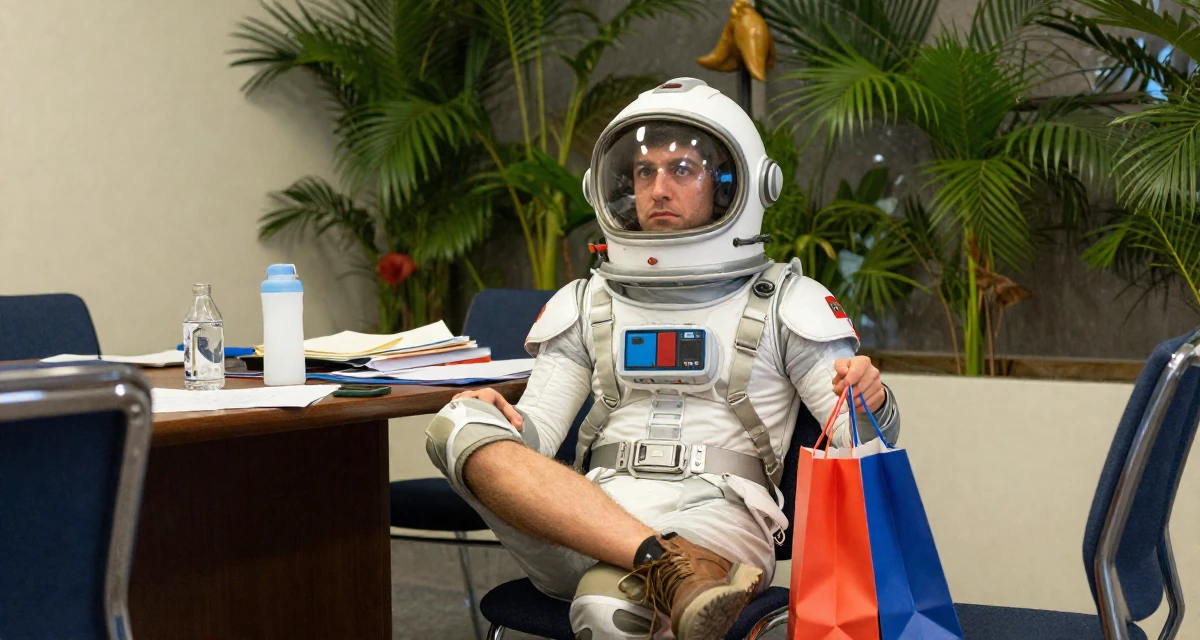 A unimpressed male From Ankara Türkiye, holds a degree in international trade in their 37, creating educational content for children,
wearing a retro sci-fi space girl outfit with a bubble helmet, holding a shopping bag in a conference room.