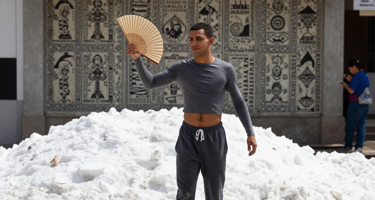 A affectionate male From Brazil, has a background in journalism in their 24, maintaining anonymity while growing faster, wearing a tight long-sleeve crop top and jogger pants, fanning self with a hand in a snowy mountain peak.
