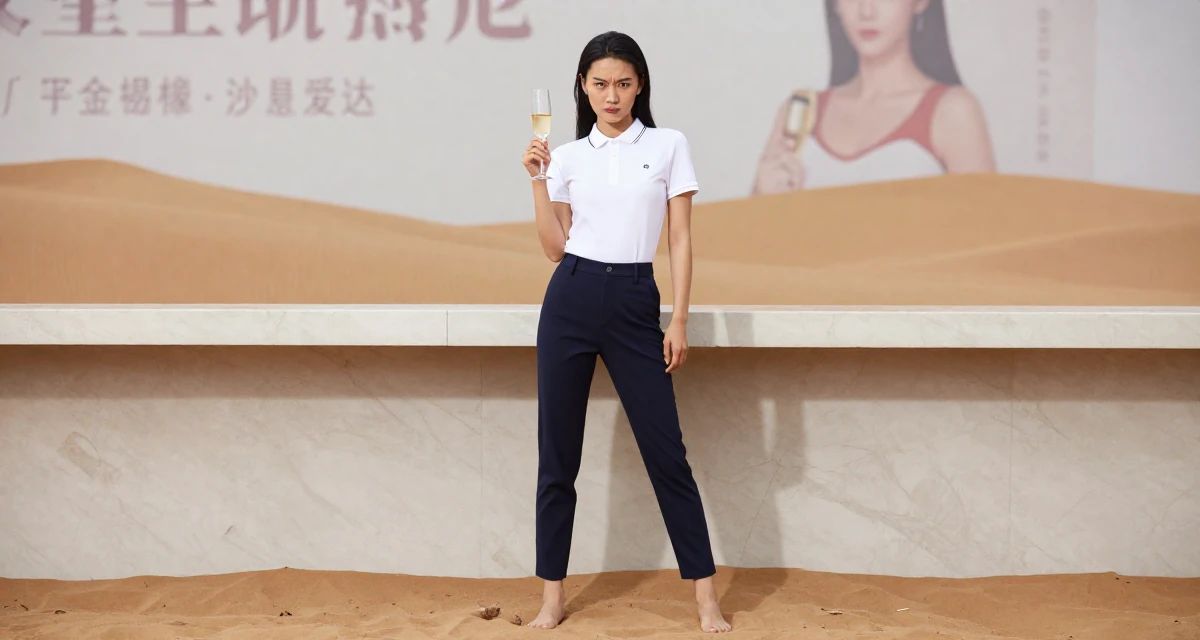A defiant Female From Chongqing China, trained in yoga and body-movement expression in their 22, dealing with burnout from too many posting expectations, wearing a smart polo shirt and slacks, holding a champagne glass in a desert sand dunes.