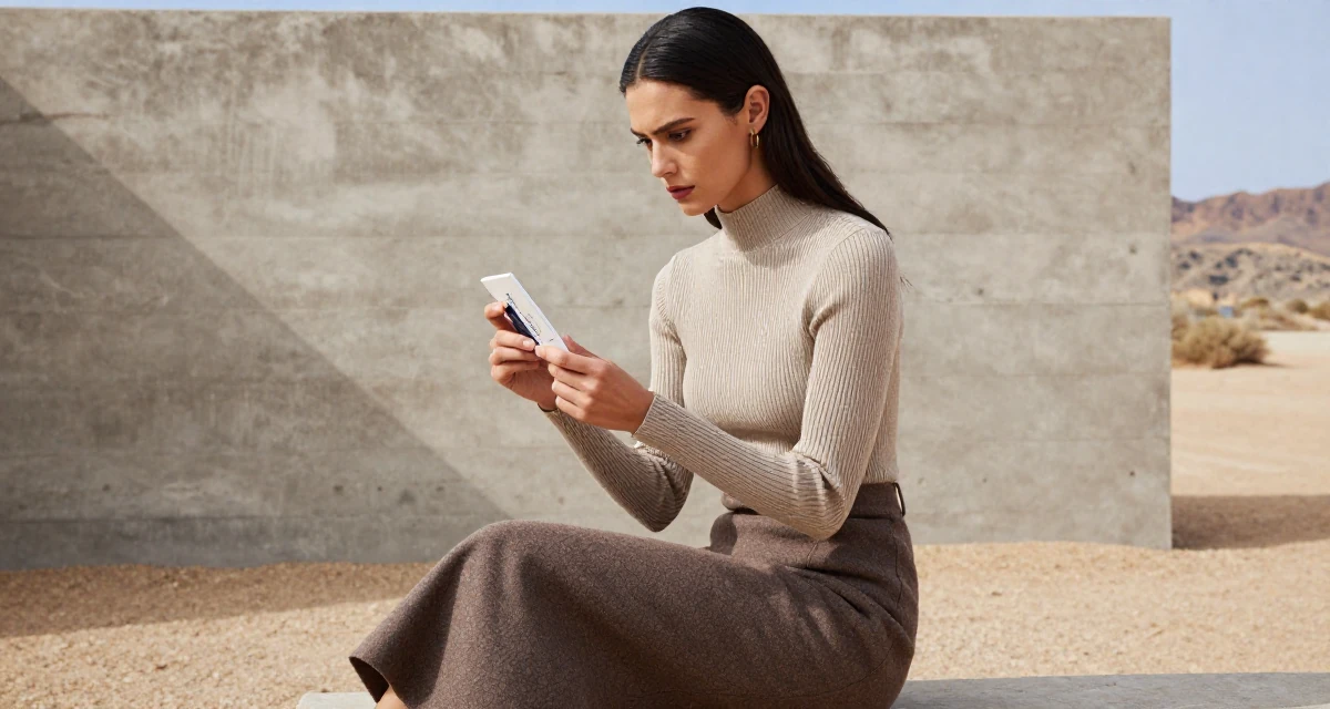 A determined Female From United States, studied French literature in their 24, facing pressure to reinvent the brand constantly, wearing a ribbed mock neck top and a long wool skirt, examining a product in a desert landscape.