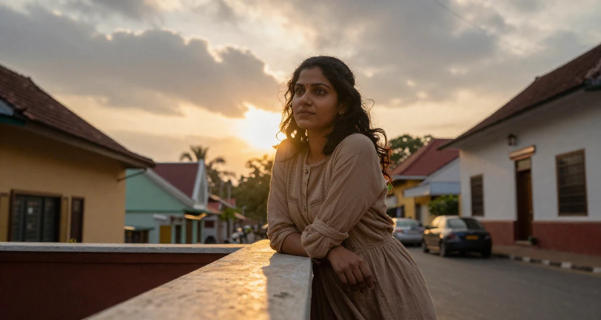A nostalgic Female From Sri Lanka, based in Kandy, graduated from a regional institute majoring in advertising in their 28, learning to separate self-worth from subscriber numbers, wearing a muted earth-tone clothing set, glancing sideways in a quaint European street.
