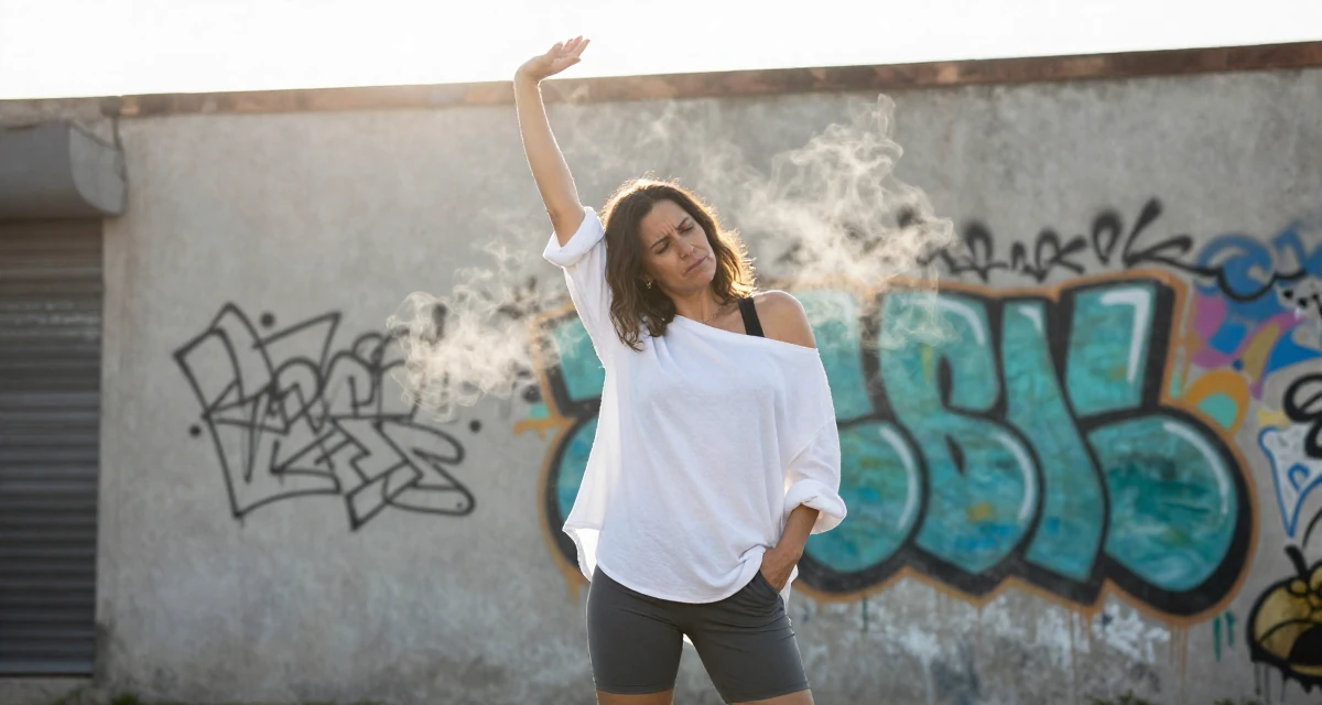 A troubled Female From Mexico, majored in law in their 34, ex-corporate lawyer turned yoga instructor, wearing a oversized white shirt worn off one shoulder and biker shorts, sliding a hand into a pocket in a graffiti art wall.