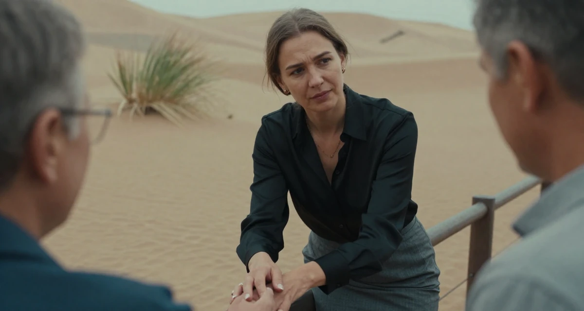 A gentle Female From Russia, majored in chemical engineering in their 22, seeking mentorship from older colleagues, wearing a black silk blouse slightly unbuttoned and a grey skirt, holding hands with someone unseen in a desert sand dunes.