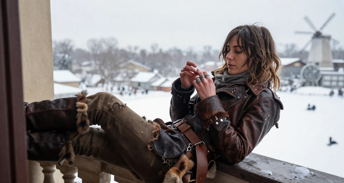 A longing Female Former veterinary assistant, now sharing soft pet-inclusive content in their 23, analyzing which posts convert best, wearing a post-apocalyptic scavenger outfit with distressed leather, playing with a ring in a opera house balcony.