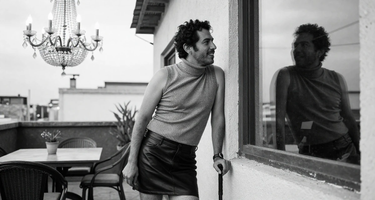 A lighthearted male From Mexico, majored in global trade in their 49, noticing early burnout signs, wearing a fitted turtleneck sleeveless top and a leather mini skirt, looking at a reflection in a window in a rooftop terrace.