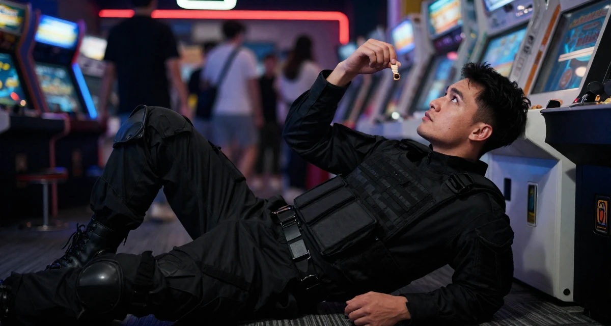 A coy male Former bakery assistant, now crafting sweet, soft-aesthetic creator vibes in their 29, managing emotional burnout disguised as “taking a break”, wearing a special forces tactical suit in matte black, picking something up in a arcade room with neon lights.