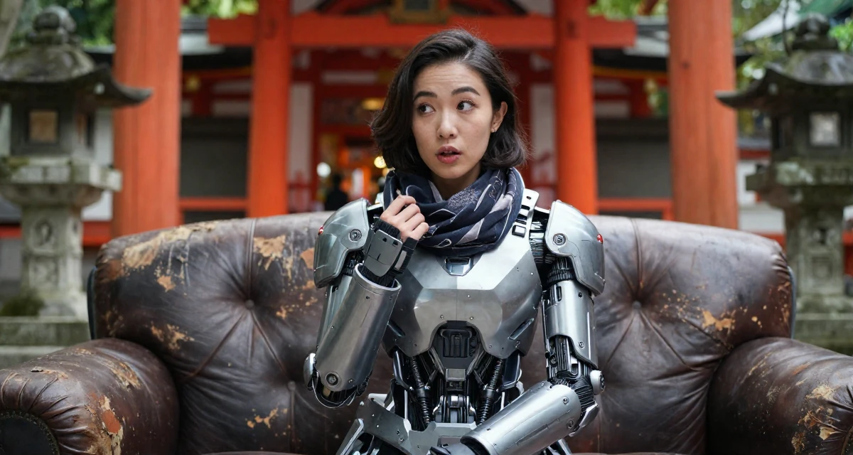 A subtly surprised Female From Kuala Lumpur Malaysia, majored in accounting in their 29, navigating the fear of stagnation in a saturated market, wearing a futuristic android body armor with exposed mechanical parts, adjusting a scarf in a Japanese Shinto shrine.