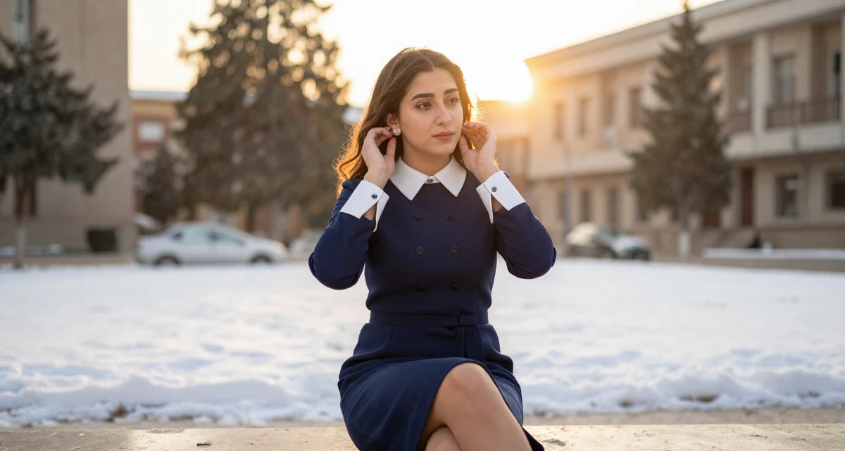 A sophisticated Female From Egypt, majored in archaeology in their 25, adapting to early adult responsibilities, wearing a navy blue dress with white collar and cuffs, putting on earrings in a university campus.
