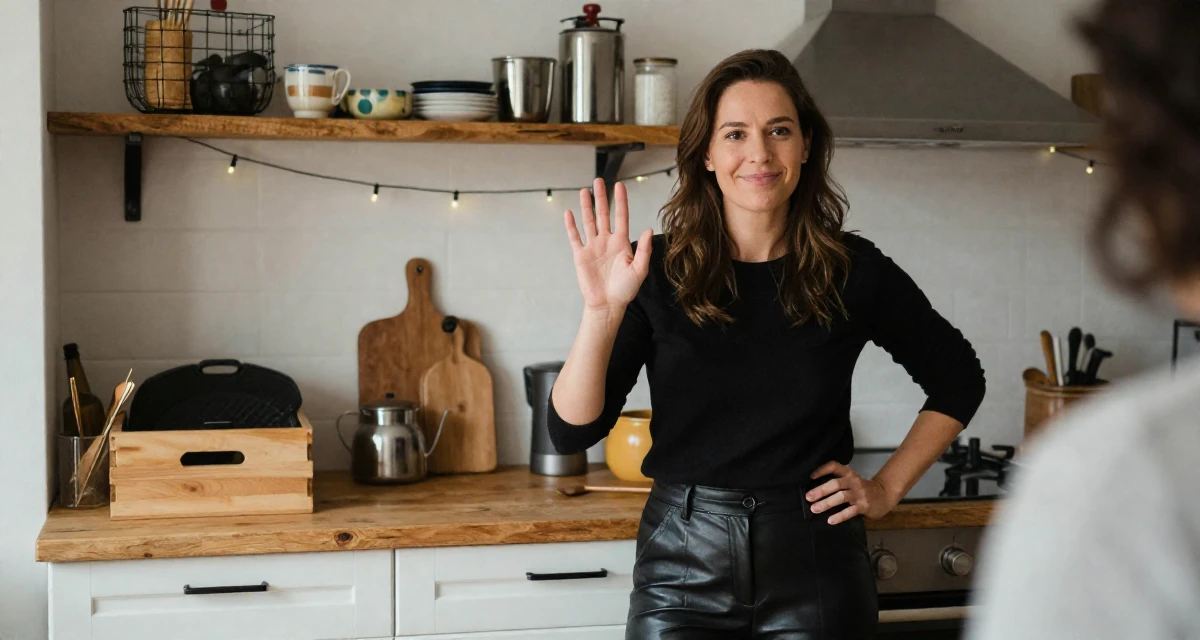 A smiling gently Female Once a biology teacher, now exploring artistic movement expression in their 36, sharing tips for organizing a chaotic home, wearing a sleek leather pants styling, waving to someone in a rustic kitchen.