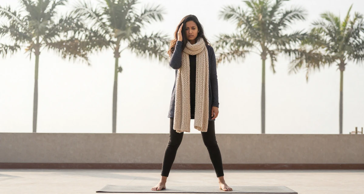 A puzzled Female From New Delhi India, majored in English literature in their 24, struggling with inconsistent motivation, wearing a heavy knit scarf and coat, pushing hair from face in a yoga studio.