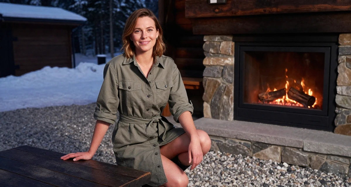 A optimistic Female From Finland, studied agricultural economics in their 23, realizing that friendships require hard work, wearing a belted shirt dress with rolled sleeves, resting hands on a table in a ski lodge fireplace.