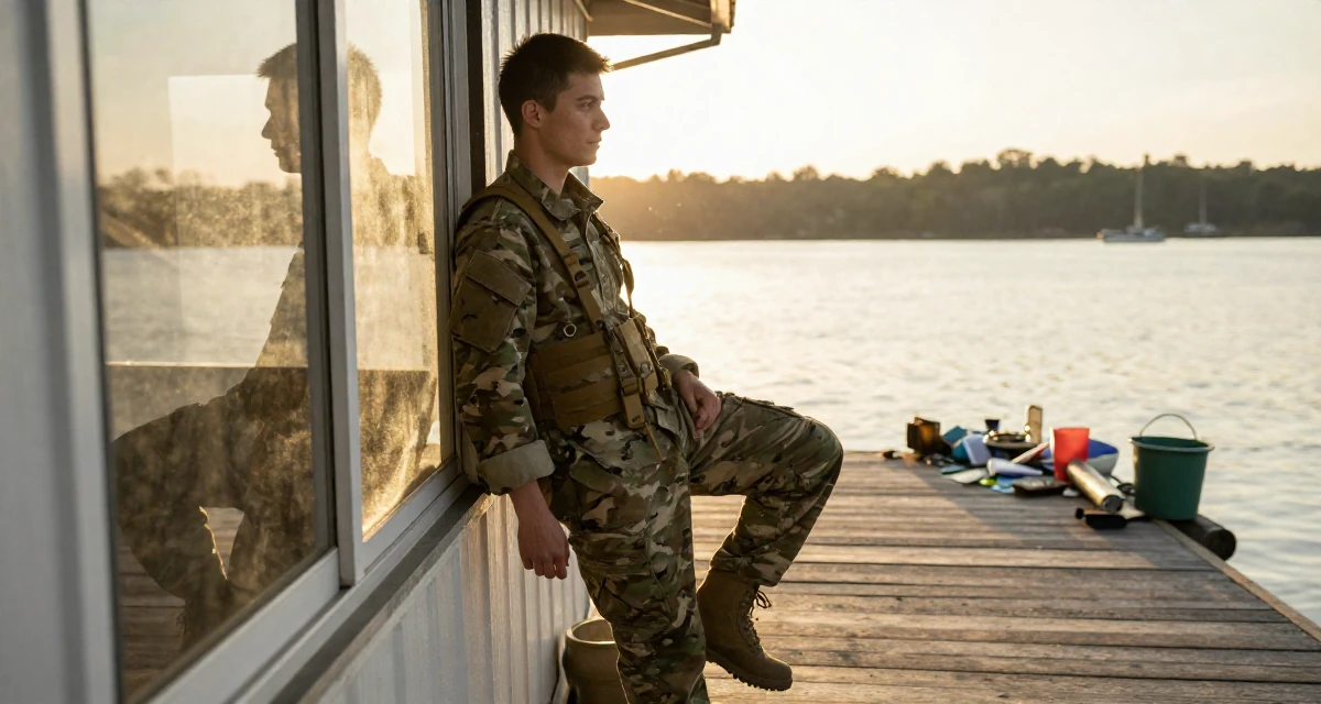 A mysterious male Once a med-school dropout, now exploring emotional vulnerability through art in their 37, sharing tips for successful networking, wearing a commando outfit with camouflage paint and tactical harness, dangling a shoe from one foot in a lakeside dock.