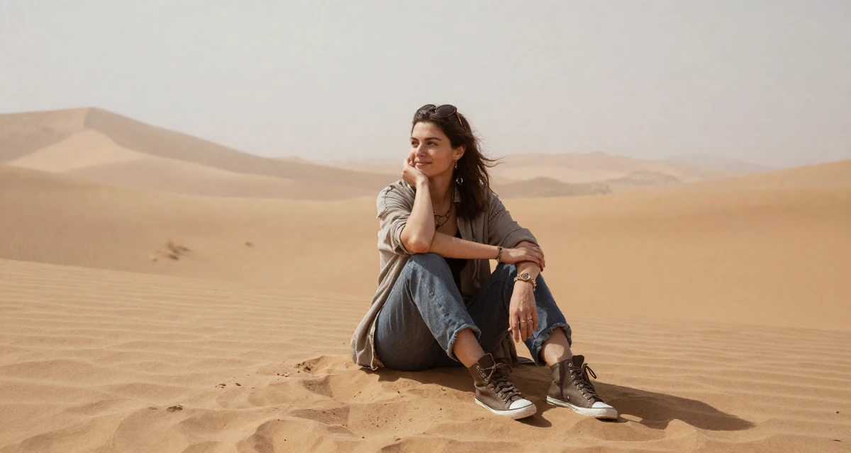 A disinterested Female From Russia, majored in chemical engineering in their 21, embracing a carefree bohemian lifestyle, wearing a comfortable urban casual outfit, smiling at a stranger in a desert sand dunes.