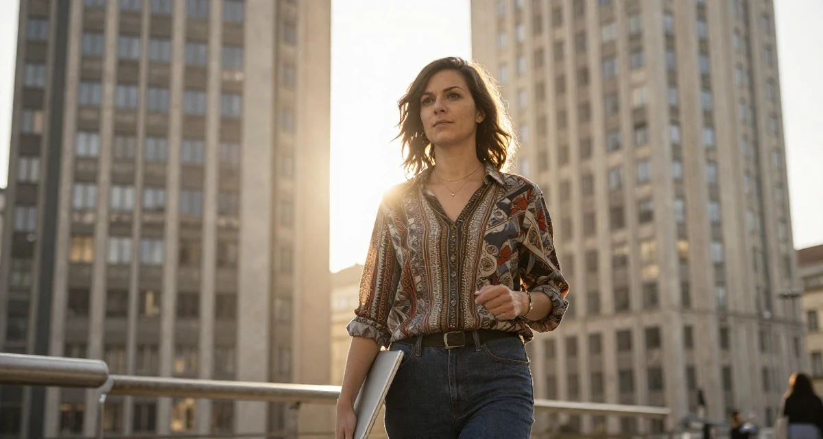 A seriously concentrated Female From Prague Czech Republic, majored in multimedia journalism in their 35, at the peak of creative energy and output, wearing a relaxed fit patterned shirt, holding a laptop in a high-rise office building.