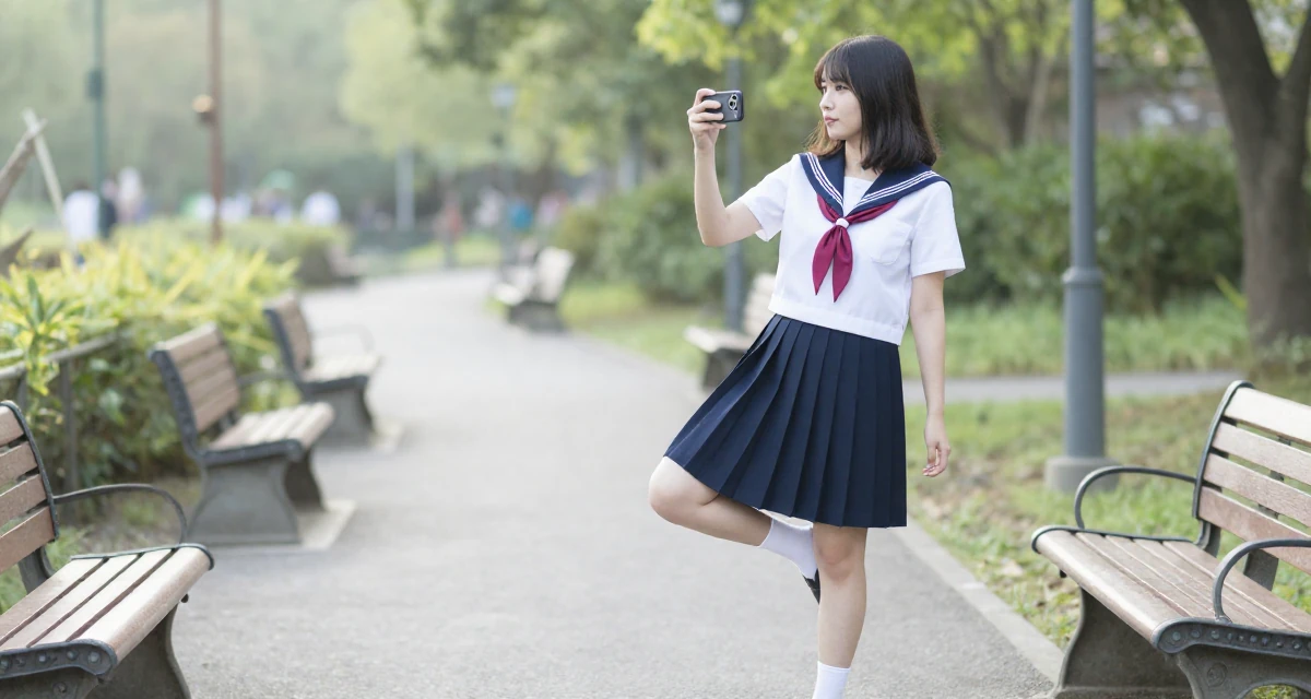 A contemplative Female Former spa receptionist, now blending beauty with calm-aesthetic content in their 33, documenting a weight loss and health journey, wearing a Japanese school sailor uniform (seifuku) with a pleated skirt, taking a photo in a zoo pathway.