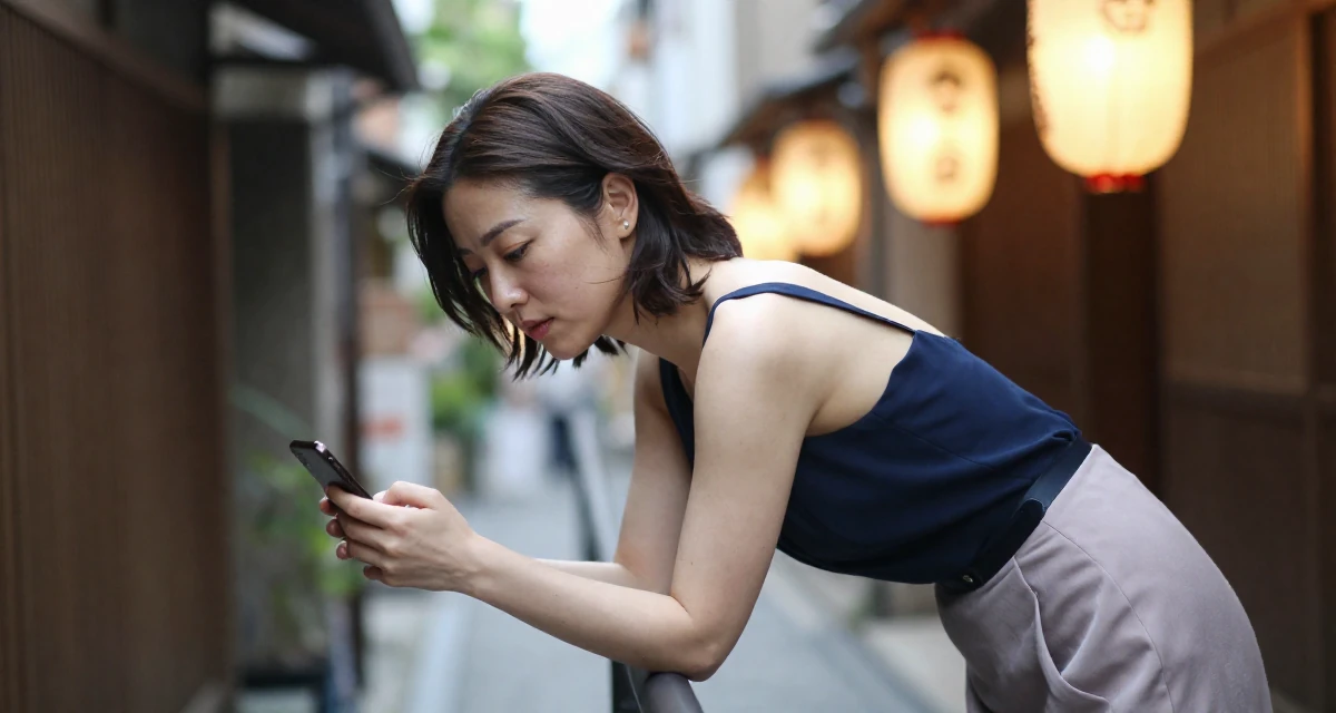 A dazed Female From Japan, studied English literature in their 40, fit and active lifestyle advocate, wearing a elegant evening casual wear, scrolling casually in a quiet alleyway.