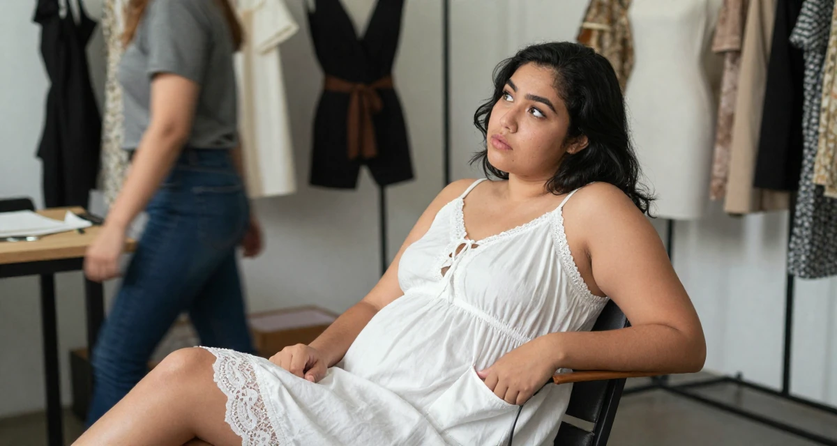 A lazy Female From Jakarta Indonesia, developed body-positive messaging through community work in their 24, exploring side hustles to supplement income, wearing a white cotton nightgown with lace details, looking for something in a pocket in a fashion design studio.