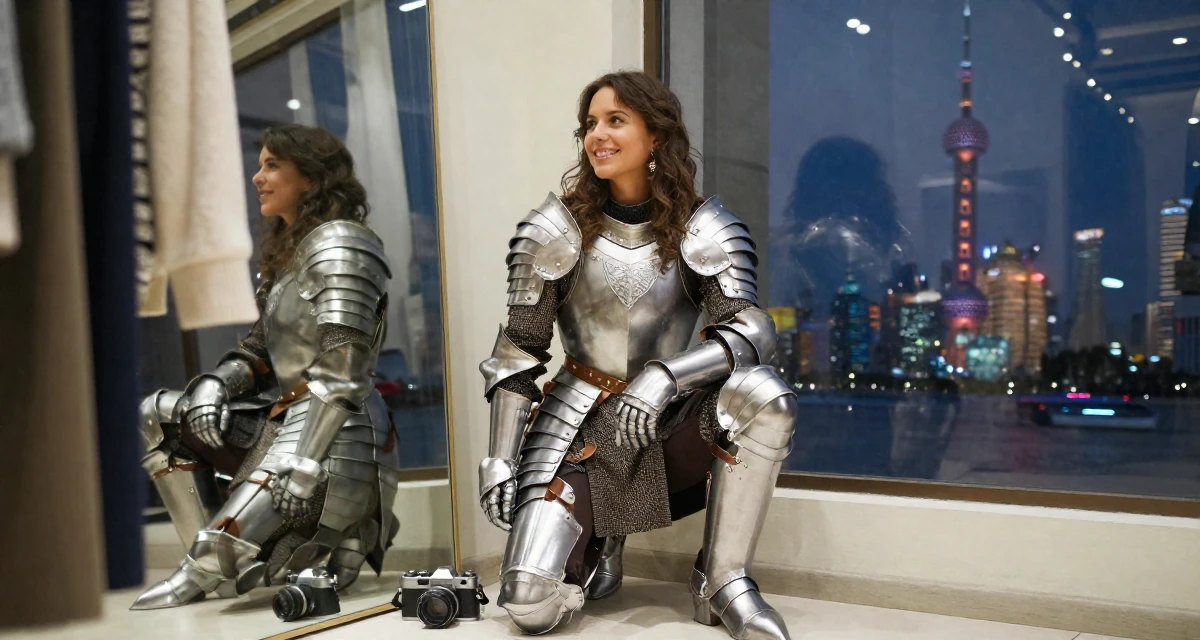 A optimistic Female Raised in Poland, majored in entrepreneurship studies in their 30, seeking adventure and outdoor challenges, wearing a fantasy warrior princess armor made of silver metal, checking a reflection in a window in a clothing boutique.