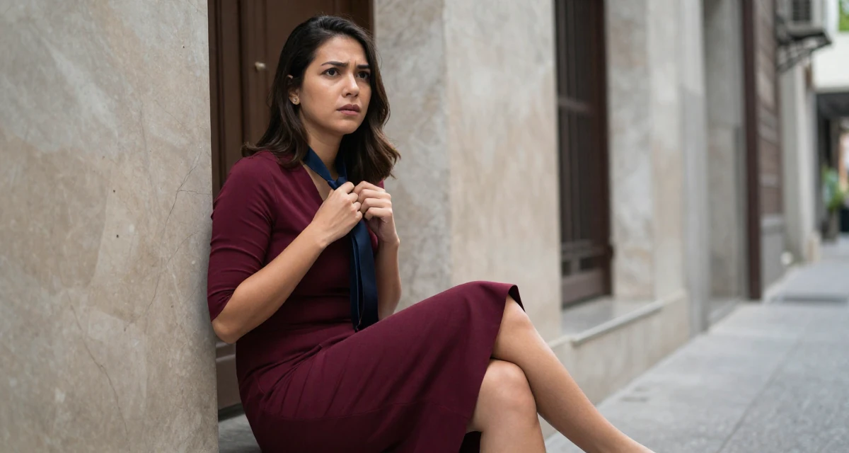 A worried Female From Philippines, studied nursing before switching careers in their 25, developing a stronger creator identity and niche, wearing a elegant wrap dress in deep burgundy, playing with a tie in a quiet alleyway.