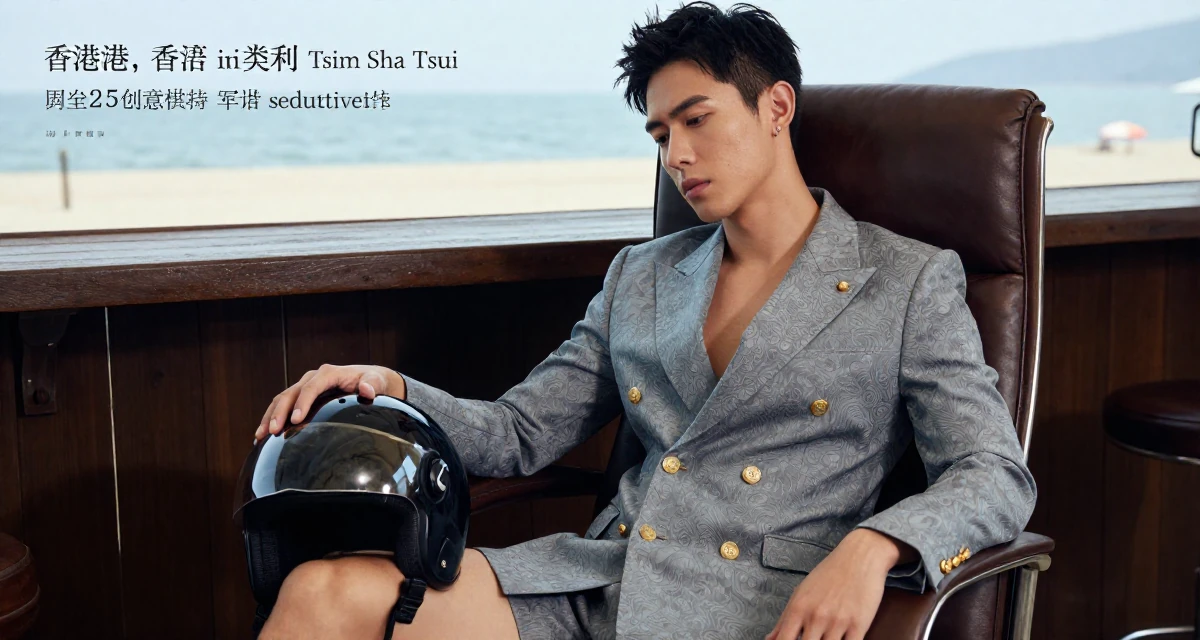 A sentimental male From Hong Kong, based in Tsim Sha Tsui, graduated from a creative institute majoring in seductive editorial styling in their 25, balancing sexiness with professionalism, wearing a double-breasted blazer dress with gold buttons, holding a helmet in a beach bar.
