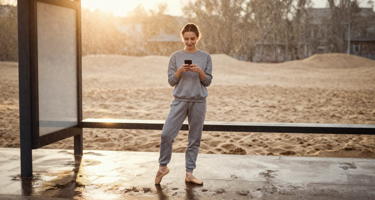 A amused Female From Russia, trained as a classical ballerina in their 30, knowing the hustle is hard but quitting feels worse, wearing a relaxed jogger and sweatshirt combo, texting with both thumbs in a bus stop in the rain.