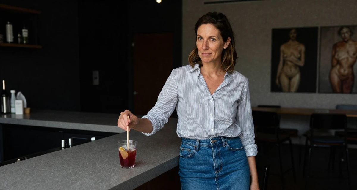 A resolute Female From Amsterdam Netherlands, explored art-nude expression in creative collectives in their 40, celebrating professional mastery and confidence, wearing a striped button-down shirt tucked into a denim pencil skirt, stirring a drink in a university campus.