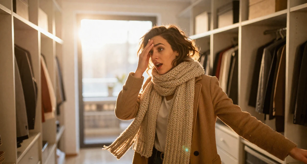 A wild Female Former phone-shop clerk, now combining tech and lifestyle content in their 47, expert in navigating difficult conversations, wearing a heavy knit scarf and coat, resting a hand on the forehead in a walk-in wardrobe.