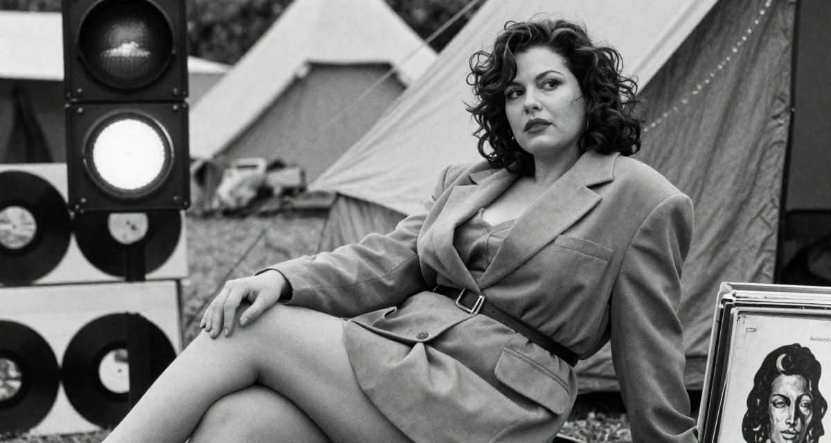 A romantic Female Former accountant in her 40s, now embracing body confidence and digital art in their 23, realizing early burnout is real but pushing anyway, wearing a oversized blazer worn as a dress with a belt, waiting for a light to change in a camping site.