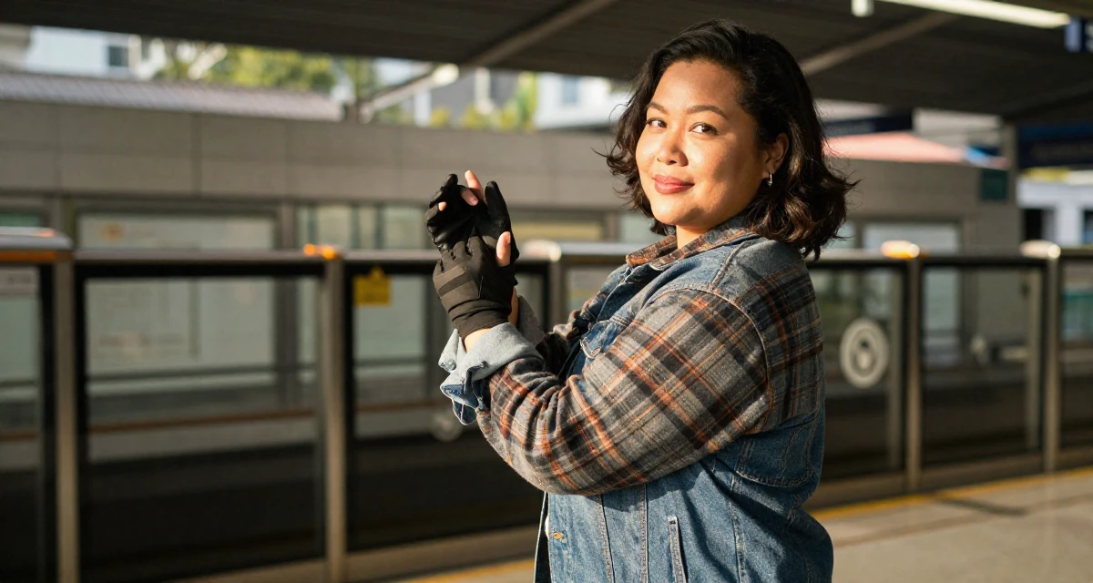 A gentle and kind Female From Jakarta Indonesia, developed body-positive messaging through community work in their 48, preparing for long-term financial planning, wearing a rugged flannel shirt and denim, putting on a glove in a subway station.