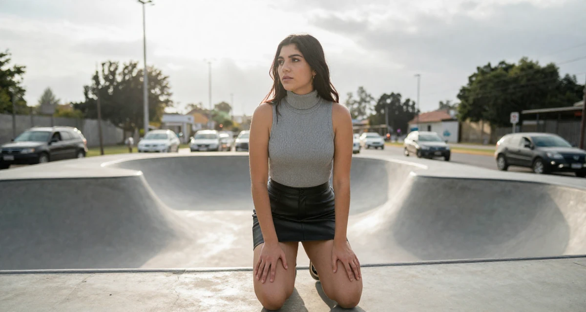 A mysterious Female From Mexico, majored in law in their 20, hiding insecurity behind a cool facade, wearing a fitted turtleneck sleeveless top and a leather mini skirt, watching traffic pass by in a skate park.