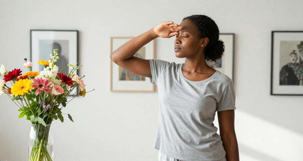 A quiet Female From Uganda, majored in telecommunication engineering in their 25, learning lighting tricks that highlight sensual curves safely, wearing a comfortable lounge wear set, shading eyes with a hand in a art gallery.