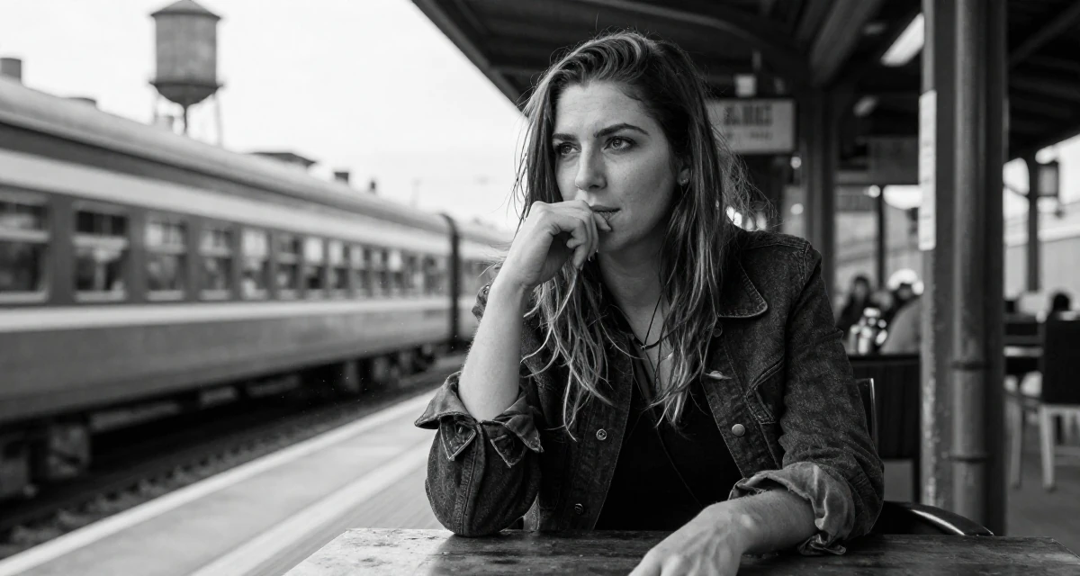 A determined Female Former software engineer at 25, now crafting premium lifestyle content in their 49, expert in antique restoration and design, wearing a modern grunge aesthetic, biting a lip thoughtfully in a train platform.