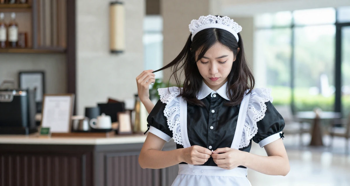 A unbothered Female From Malaysia, majored in international business in their 30, seeking adventure and outdoor challenges, wearing a french maid costume with black silk and white lace, buttoning up a jacket in a luxury hotel lobby.