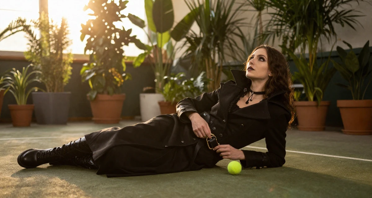 A composed Female From Germany, majored in environmental science in their 23, balancing risk-taking with stability needs, wearing a gothic vampire hunter outfit with a long coat, fixing a belt buckle in a tennis court.