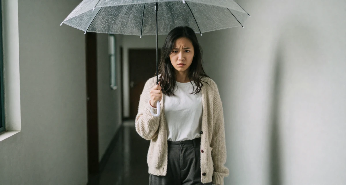 A resolute Female Once a sewing hobbyist, now designing outfits for her shoots in their 21, feeling the anxiety of impending graduation, wearing a cozy knit cardigan and slacks, shaking rain off an umbrella in a narrow hallway.