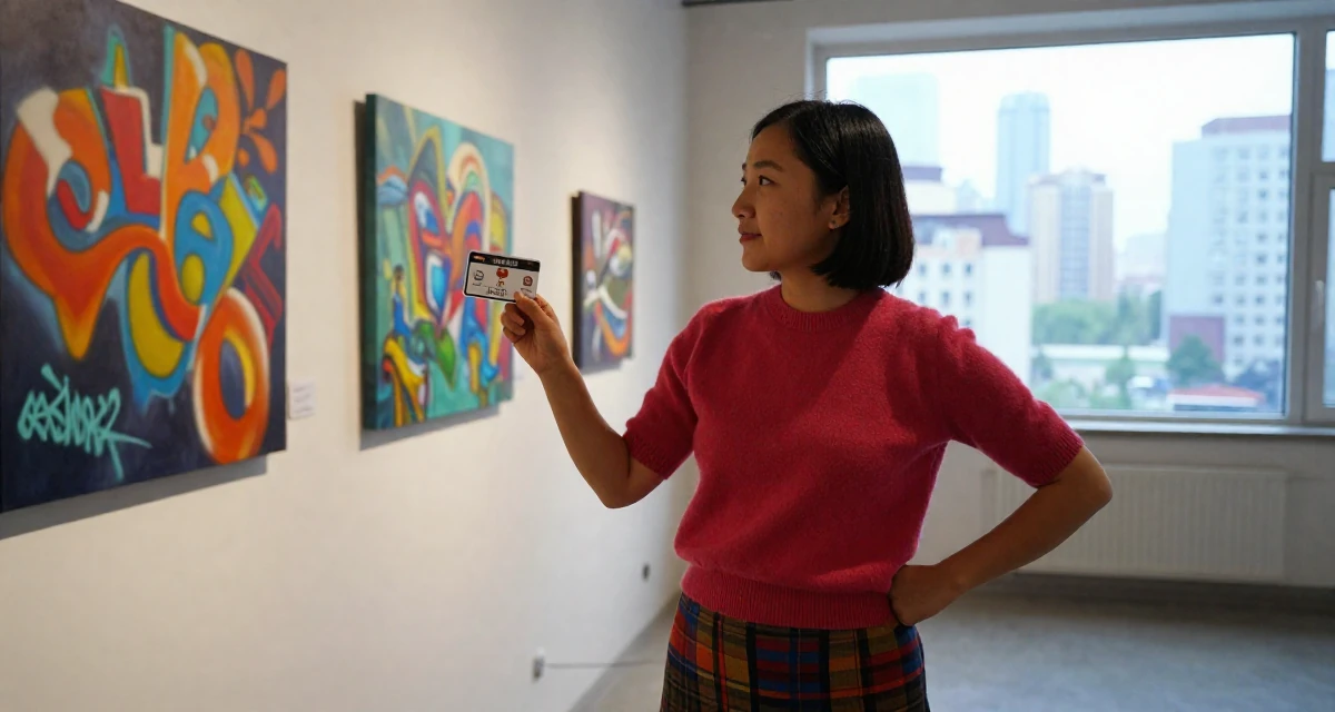 A patient Female From Mongolia, based in Ulaanbaatar, graduated from a national university majoring in media studies in their 20, exploring identity through bold fashion choices, wearing a short sleeve cashmere sweater and a skirt, holding a subway card in a art gallery hall.