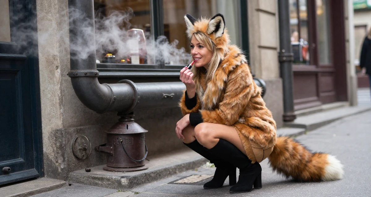 A sweet Female Previously a travel-blog student, now turning trips into premium creator content in their 39, sharing sophisticated style tips for mature women, wearing a fox spirit (kitsune) outfit with fluffy ears and tails, applying lipstick in a quaint European street.