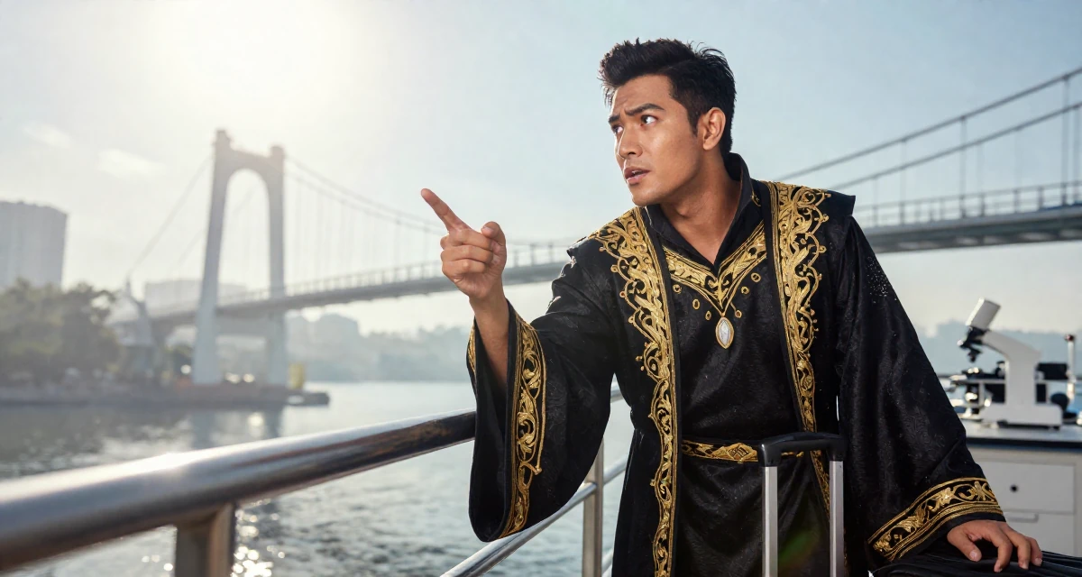 A inspired male From Kuala Lumpur Malaysia, majored in accounting in their 35, at the peak of creative energy and output, wearing a high-fantasy sorceress robe with gold embroidery, polling a luggage handle in a science lab.
