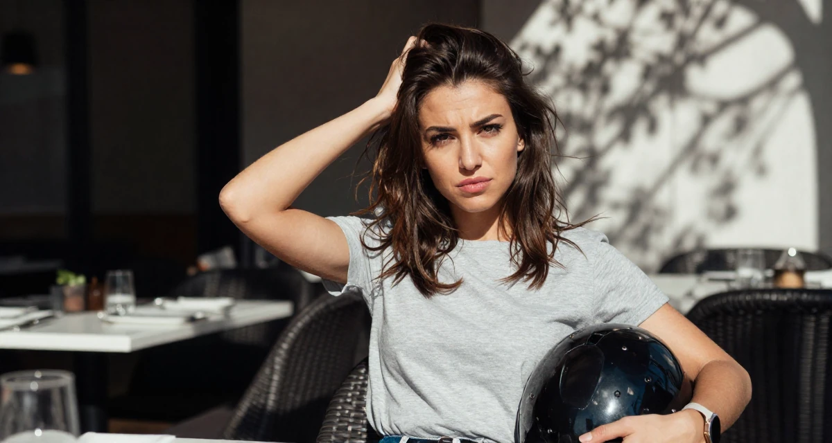 A unimpressed Female From Serbia, based in Niš, graduated from a media program majoring in intimate persona development in their 23, becoming skilled at angles that highlight confidence, wearing a casual weekend brunch outfit, holding a helmet under one arm in a high-end restaurant.