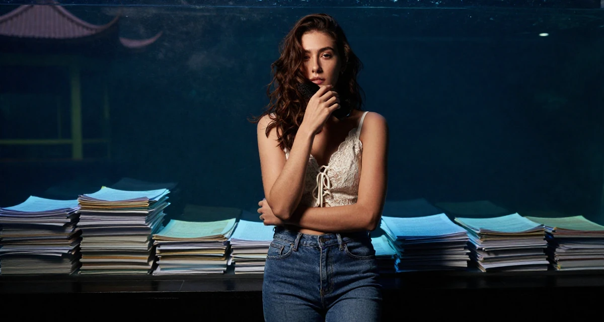 A unbothered Female From Kuala Lumpur Malaysia, self-taught content creator specializing in color grading in their 25, planning high-quality shoots that feel bold but elegant, wearing a lace-up front top and skinny jeans, brushing hair away from the face in a aquarium tunnel.