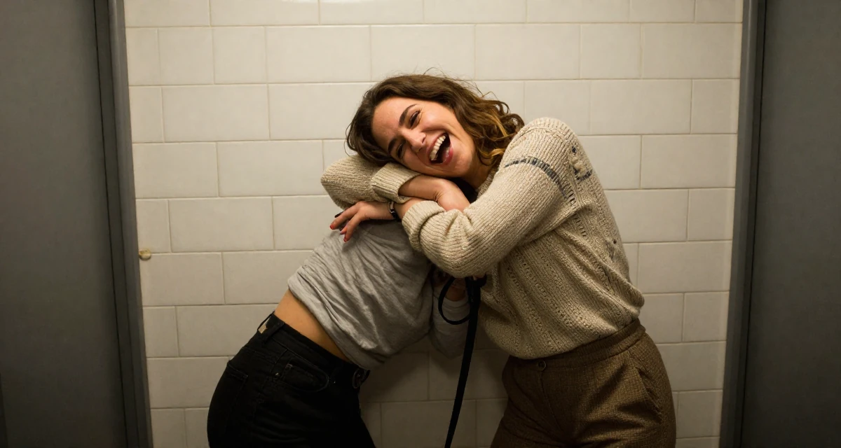 A joyful Female From Istanbul Türkiye, learned belly dance and expressive movement in their 21, laughing openly with head thrown back, wearing a vintage sweater and high-waist pants, holding a leash in a spaceship corridor.