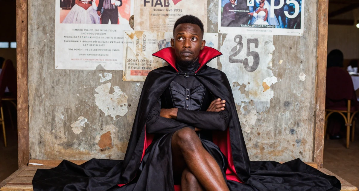 A curious and focused male From Mombasa Kenya, studied hospitality in their 25, discovering the mental toll of constant visibility, wearing a vampire queen gown with a high collar and corset, crossing arms confidently in a wedding venue.