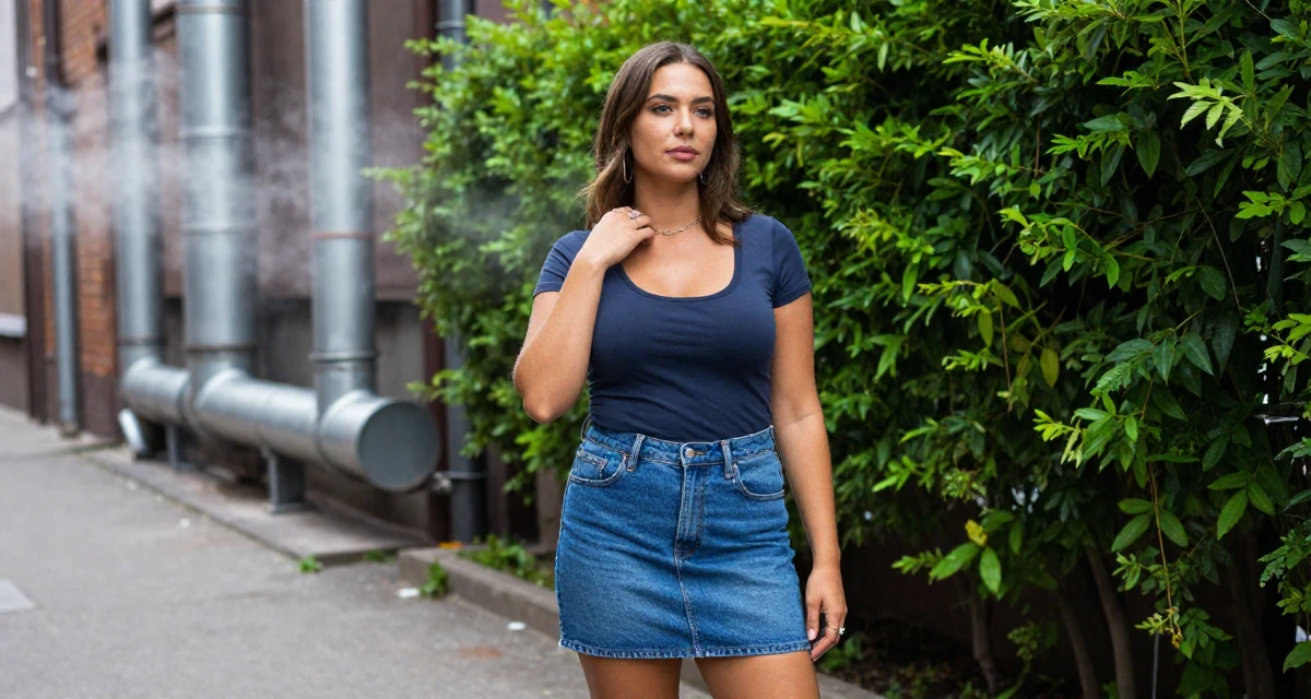 A resilient Female From Sweden, based in Gothenburg, graduated from a design school majoring in motion graphics in their 30, embracing a new level of self-assurance, wearing a fitted scoop neck tee and a denim mini skirt, playing with a ring in a quiet alleyway.