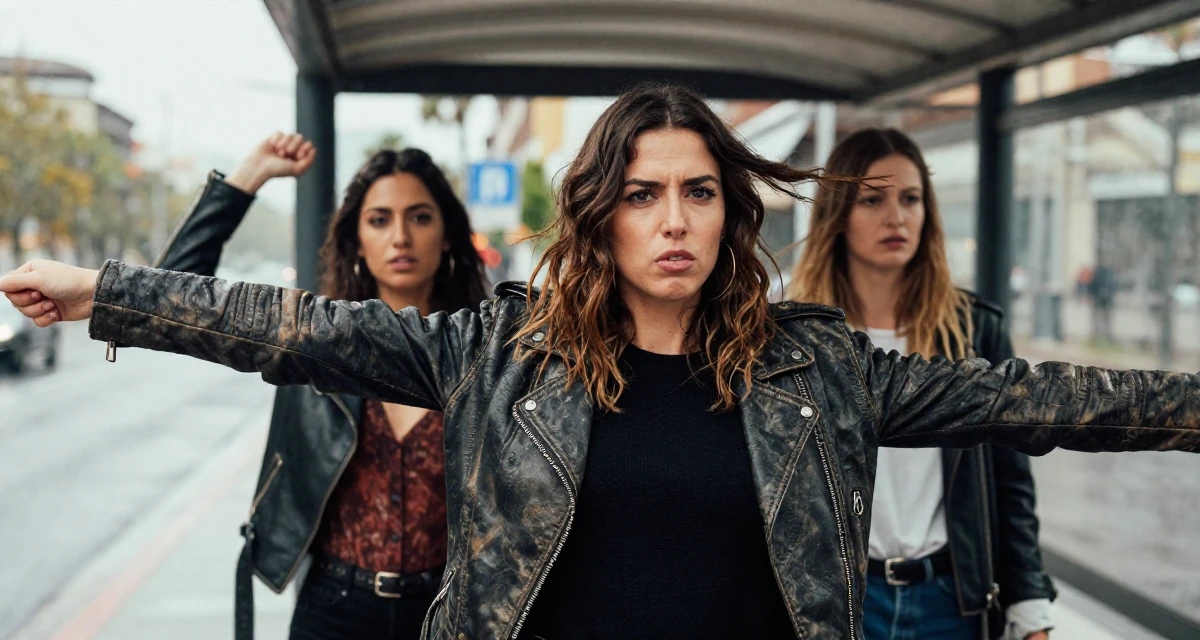 A rebellious Female From Spain, has a degree in fine arts in their 25, focusing on deep meaningful friendships, wearing a vintage-inspired leather jacket look, stretching arms after waking in a bus stop in the rain.