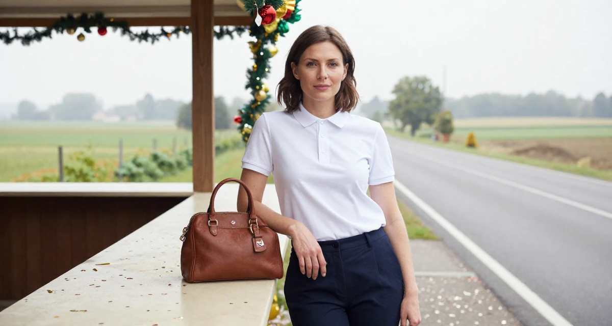 A poised Female From Prague Czech Republic, explored intimate photography as art in their 34, exuding quiet confidence and authority, wearing a smart polo shirt and slacks, carrying a leather handbag in a country road.
