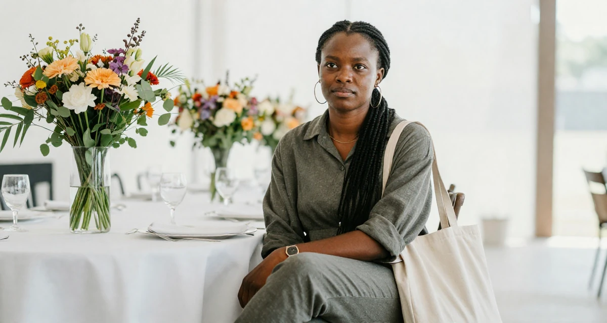 A guarded Female From Mozambique, studied environmental science in their 29, letting go of the need to please everyone, wearing a comfortable urban casual outfit, carrying a tote bag in a wedding venue.