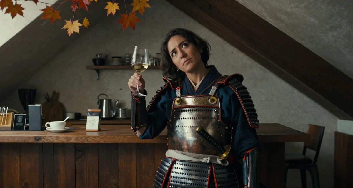 A judgemental Female From Bolivia, studied graphic design at a technical school in their 27, accepting that success requires endless reinvention, wearing a samurai armor set with a katana at the waist, holding a wine glass by the stem in a attic room.