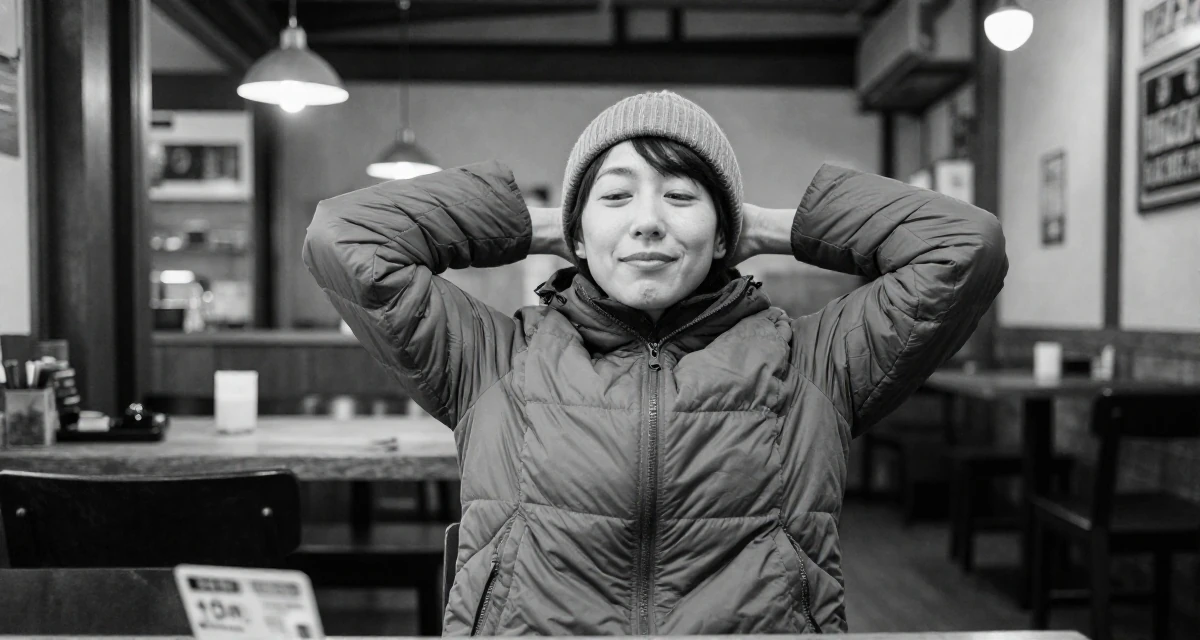 A amused Female From Japan, majored in sociology in Tokyo in their 45, focusing on mental clarity and meditation, wearing a warm puffer jacket and beanie, holding a subway card in a mechanic garage.